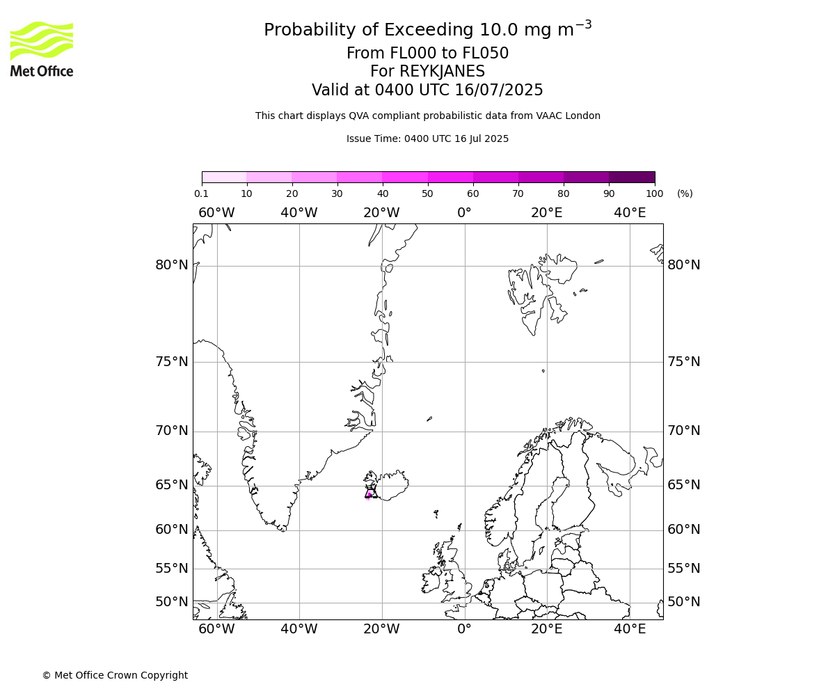 Probability of exceeding 10.0 milligrams per metre cubed. From 000 to 050 for REYKJANES. Valid at 0400 UTC 16/07/2025