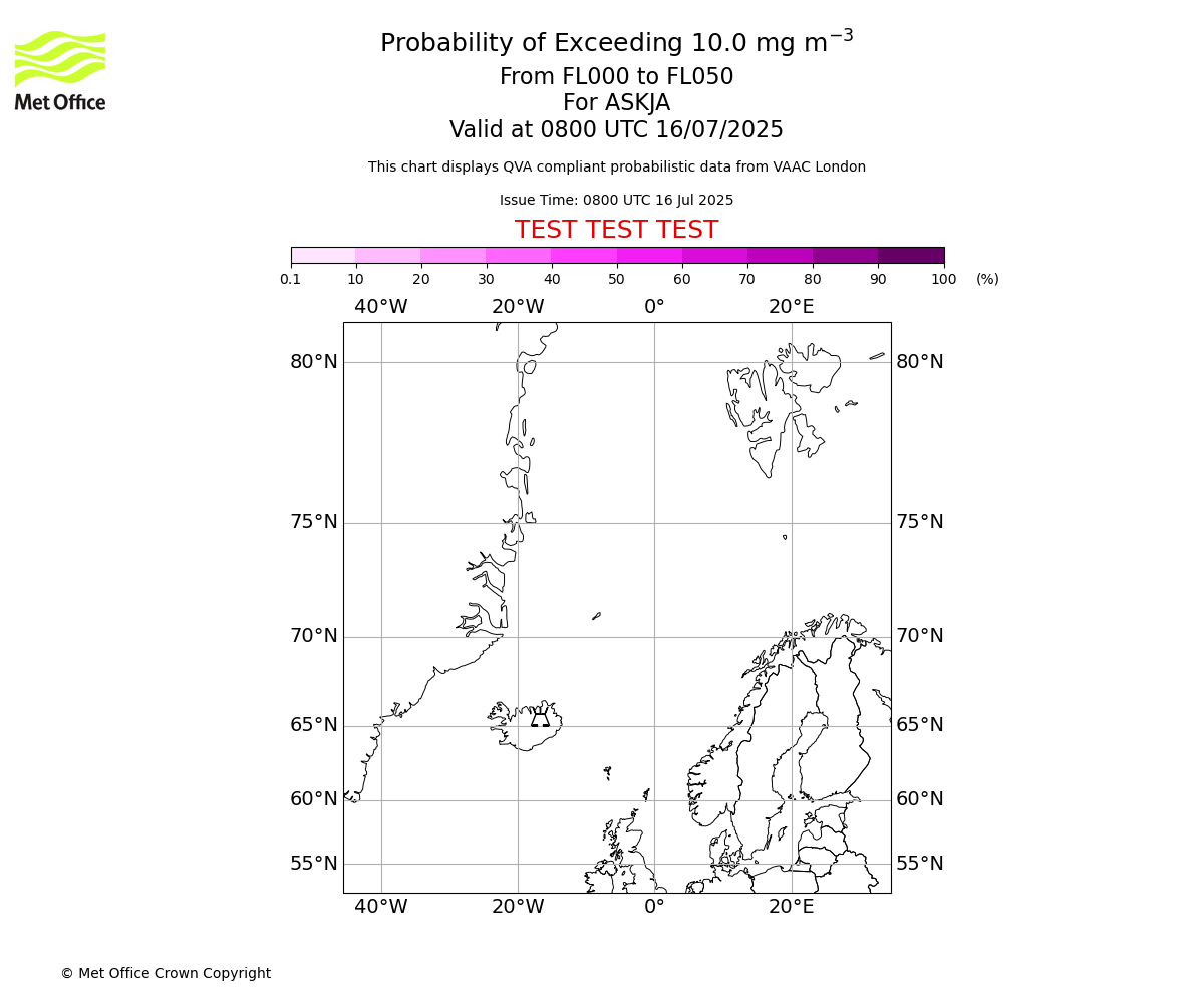 Probability of exceeding 10.0 milligrams per metre cubed. From 000 to 050 for ASKJA. Valid at 0800 UTC 16/07/2025