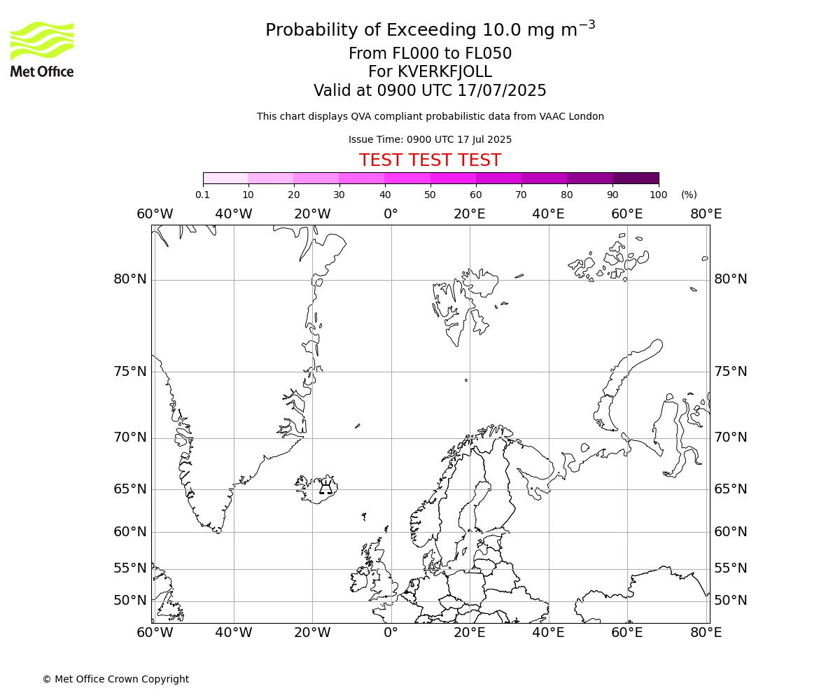 Probability of exceeding 10.0 milligrams per metre cubed. From 000 to 050 for KVERKFJOLL. Valid at 0900 UTC 17/07/2025