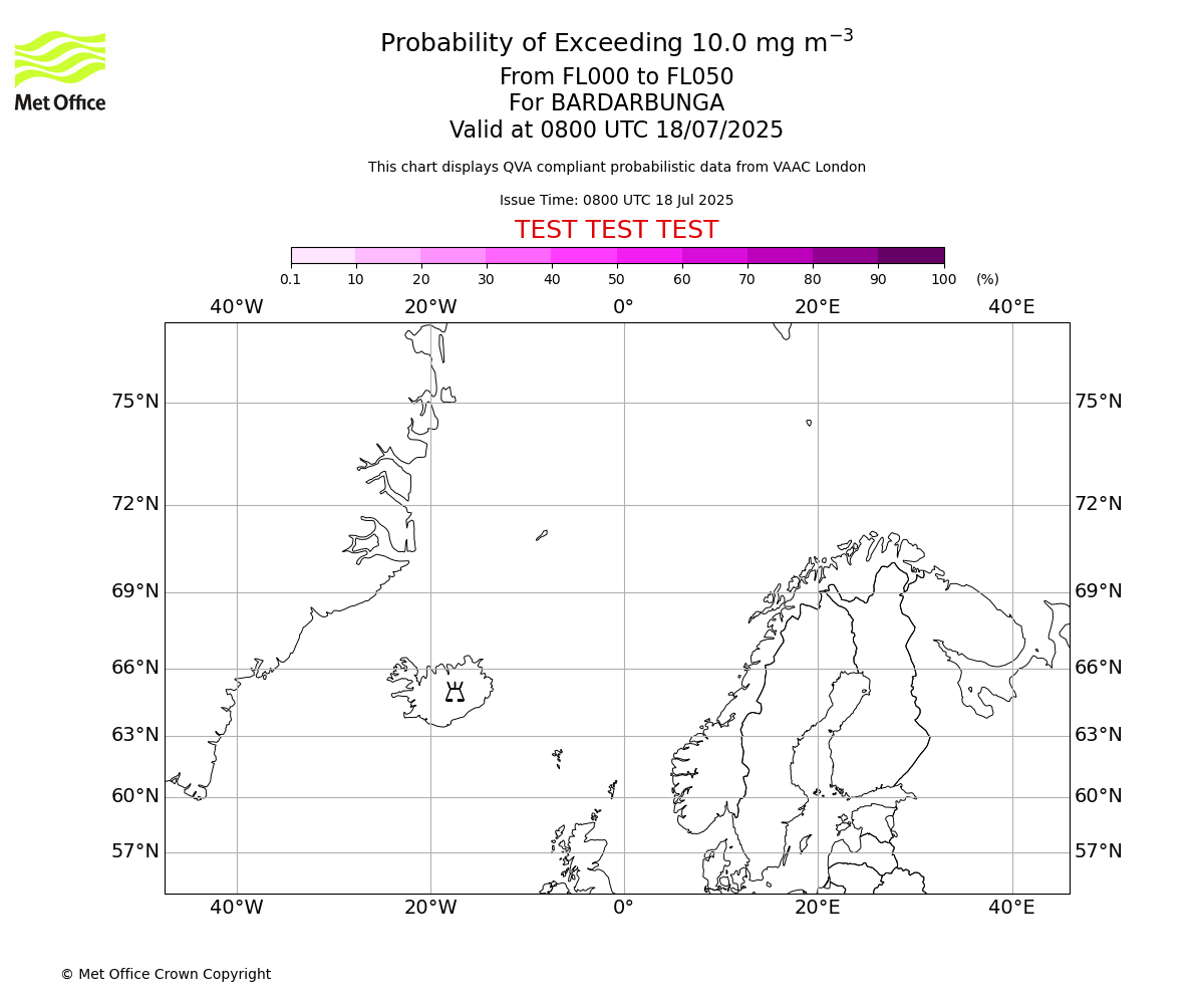Probability of exceeding 10.0 milligrams per metre cubed. From 000 to 050 for BARDARBUNGA. Valid at 0800 UTC 18/07/2025