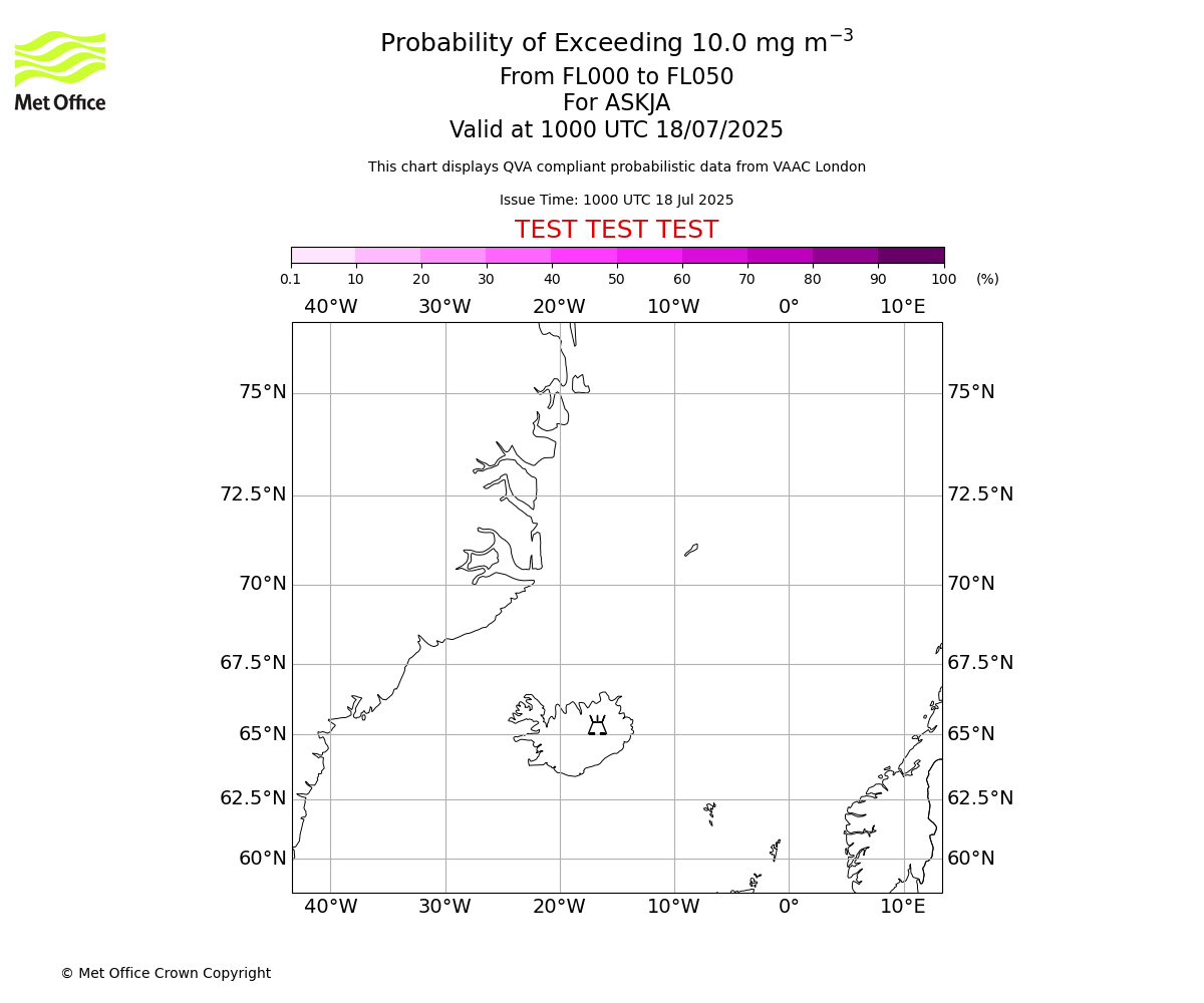 Probability of exceeding 10.0 milligrams per metre cubed. From 000 to 050 for ASKJA. Valid at 1000 UTC 18/07/2025