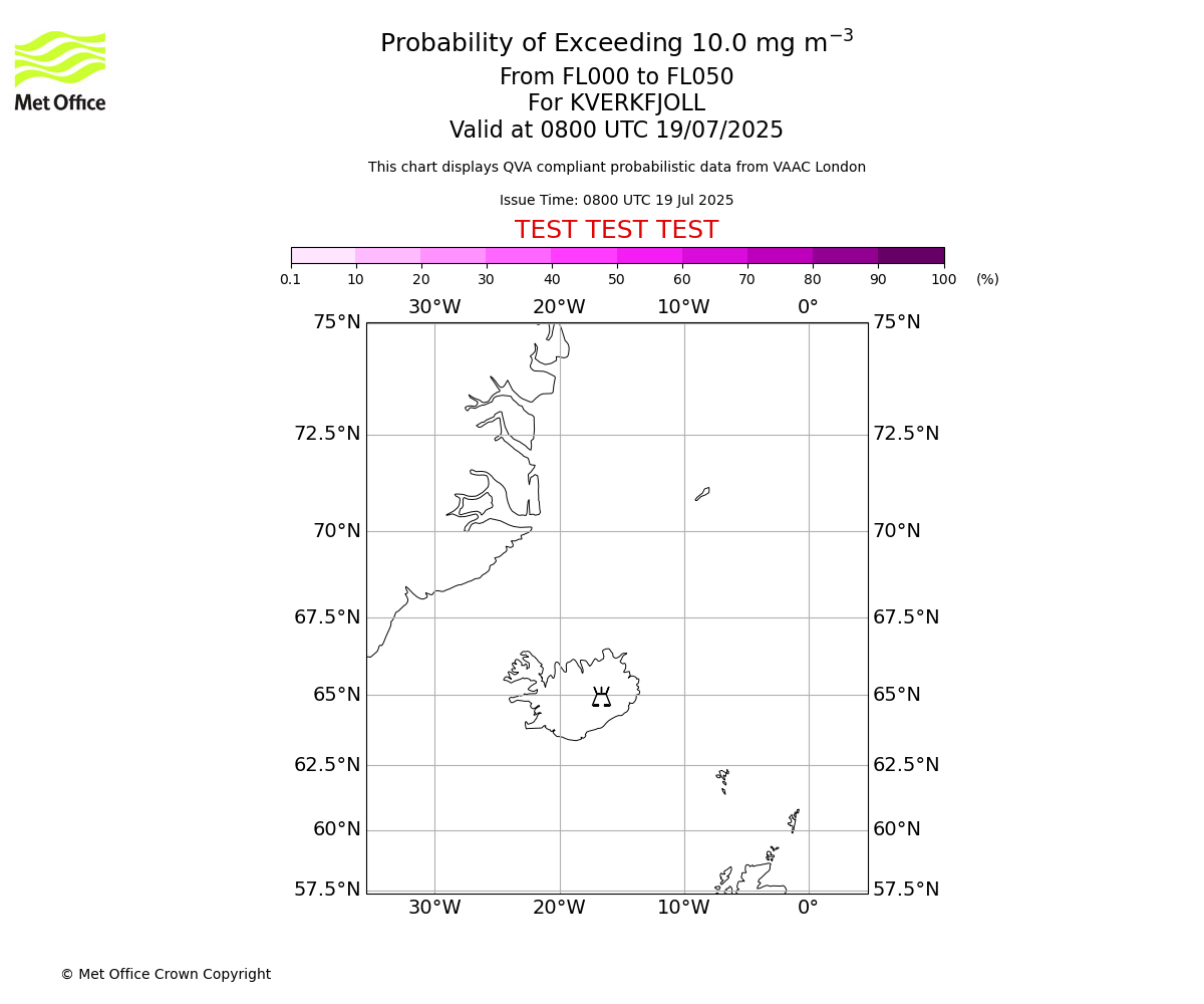Probability of exceeding 10.0 milligrams per metre cubed. From 000 to 050 for KVERKFJOLL. Valid at 0800 UTC 19/07/2025