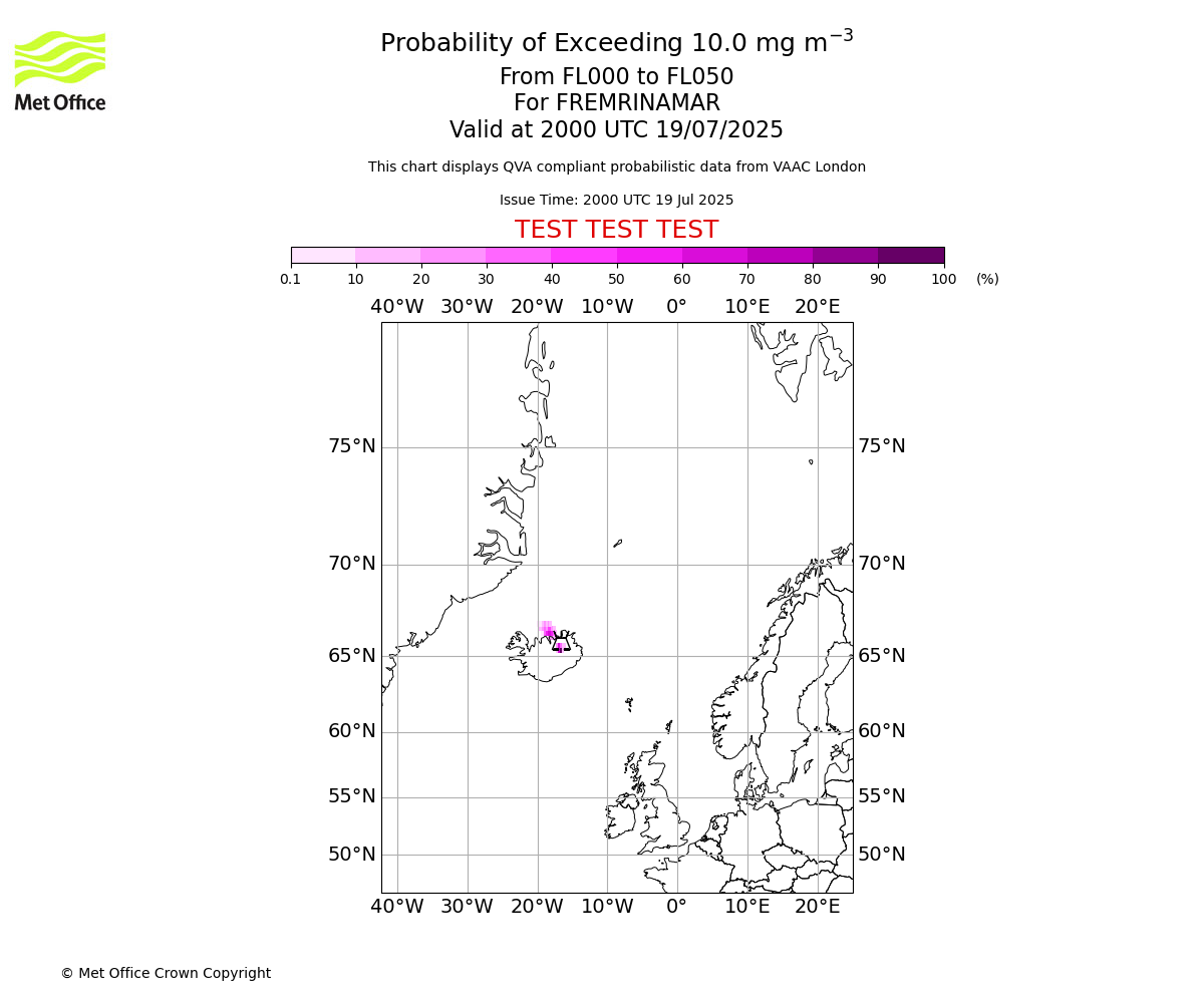 Probability of exceeding 10.0 milligrams per metre cubed. From 000 to 050 for FREMRINAMAR. Valid at 2000 UTC 19/07/2025