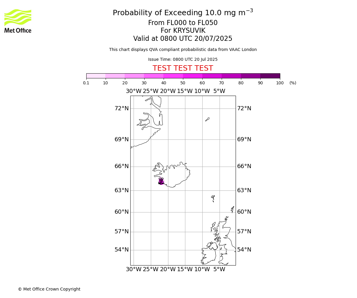 Probability of exceeding 10.0 milligrams per metre cubed. From 000 to 050 for KRYSUVIK. Valid at 0800 UTC 20/07/2025