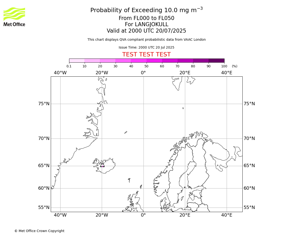 Probability of exceeding 10.0 milligrams per metre cubed. From 000 to 050 for LANGJOKULL. Valid at 2000 UTC 20/07/2025