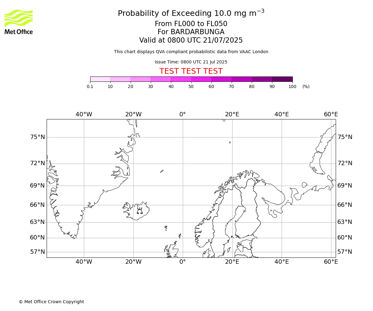 Probability of exceeding 10.0 milligrams per metre cubed. From 000 to 050 for BARDARBUNGA. Valid at 0800 UTC 21/07/2025