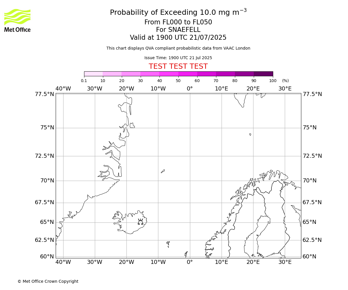 Probability of exceeding 10.0 milligrams per metre cubed. From 000 to 050 for SNAEFELL. Valid at 1900 UTC 21/07/2025