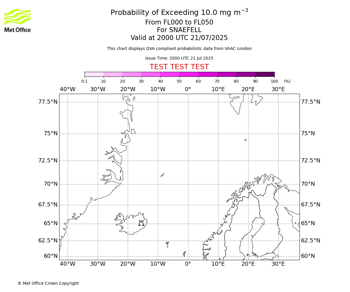 Probability of exceeding 10.0 milligrams per metre cubed. From 000 to 050 for SNAEFELL. Valid at 2000 UTC 21/07/2025