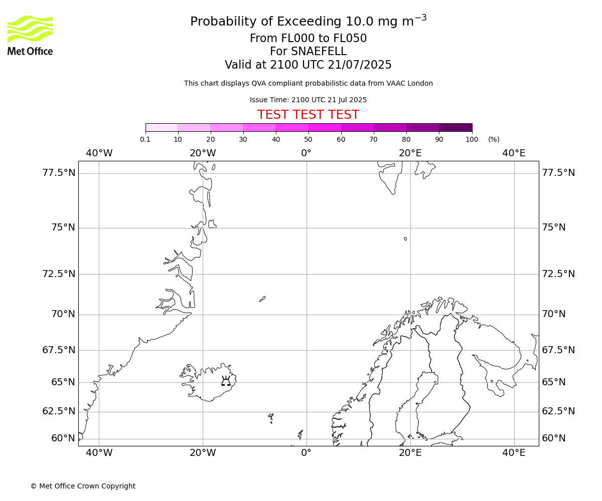 Probability of exceeding 10.0 milligrams per metre cubed. From 000 to 050 for SNAEFELL. Valid at 2100 UTC 21/07/2025