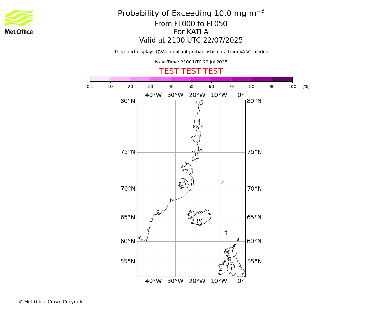 Probability of exceeding 10.0 milligrams per metre cubed. From 000 to 050 for KATLA. Valid at 2100 UTC 22/07/2025