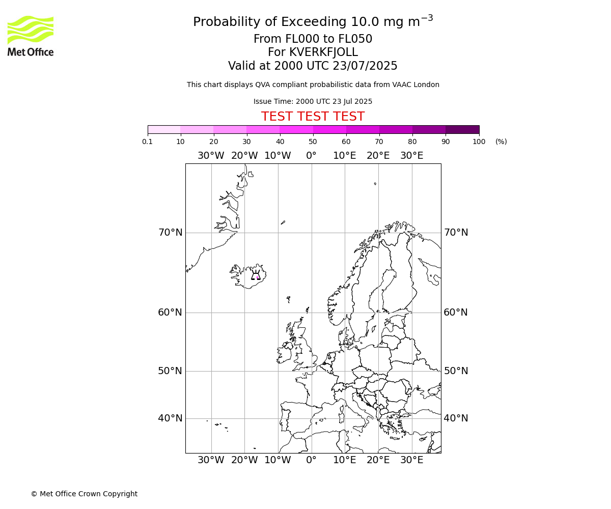 Probability of exceeding 10.0 milligrams per metre cubed. From 000 to 050 for KVERKFJOLL. Valid at 2000 UTC 23/07/2025