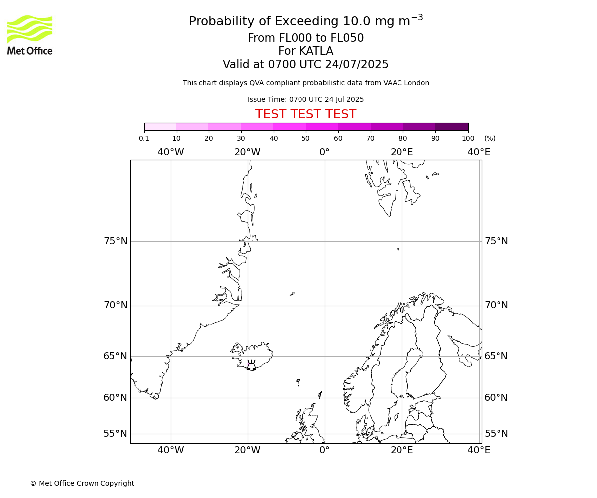 Probability of exceeding 10.0 milligrams per metre cubed. From 000 to 050 for KATLA. Valid at 0700 UTC 24/07/2025