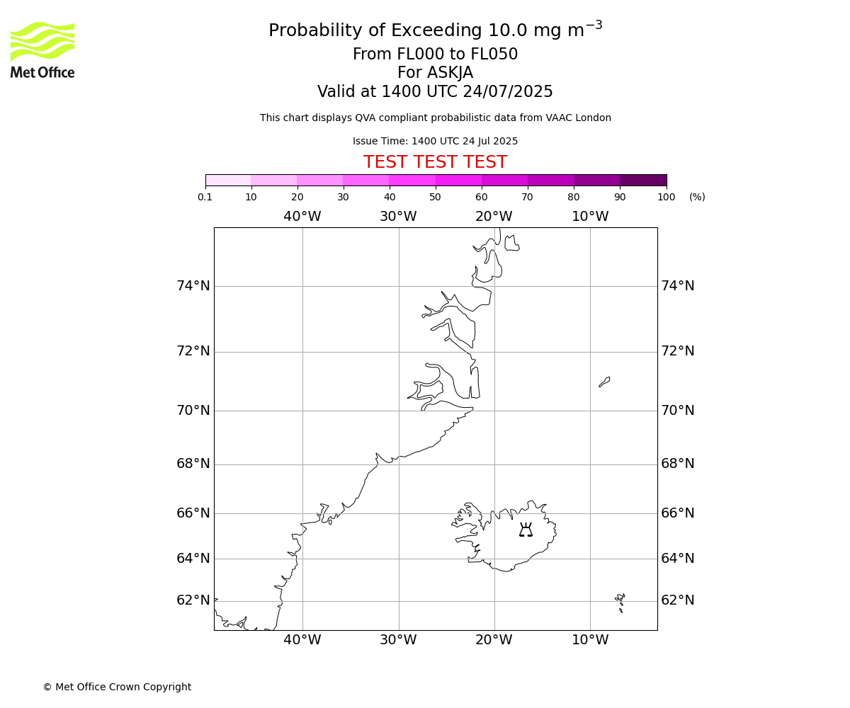 Probability of exceeding 10.0 milligrams per metre cubed. From 000 to 050 for ASKJA. Valid at 1400 UTC 24/07/2025