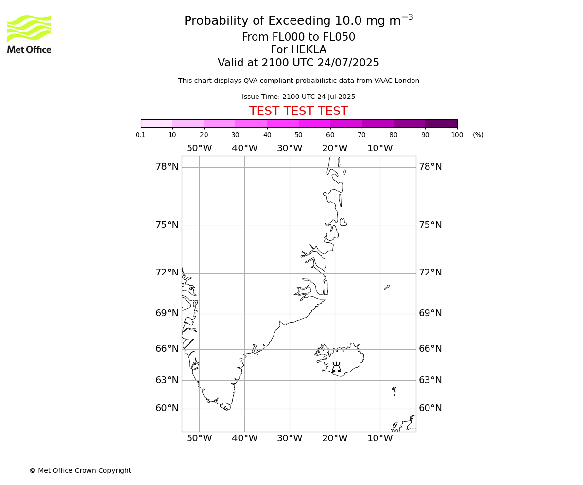 Probability of exceeding 10.0 milligrams per metre cubed. From 000 to 050 for HEKLA. Valid at 2100 UTC 24/07/2025