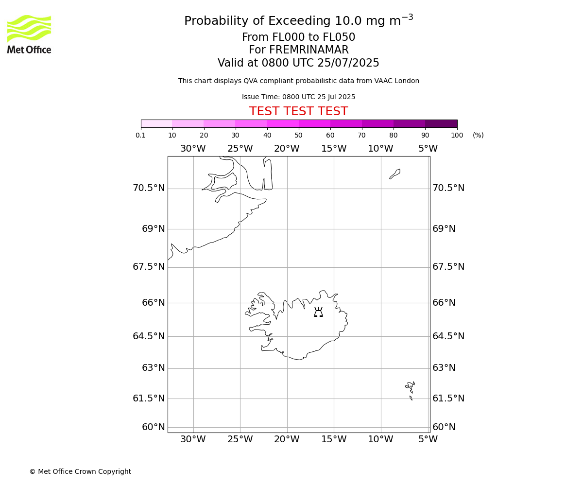 Probability of exceeding 10.0 milligrams per metre cubed. From 000 to 050 for FREMRINAMAR. Valid at 0800 UTC 25/07/2025