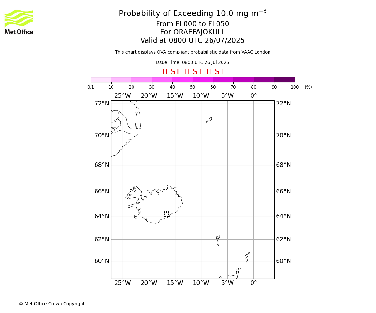 Probability of exceeding 10.0 milligrams per metre cubed. From 000 to 050 for ORAEFAJOKULL. Valid at 0800 UTC 26/07/2025