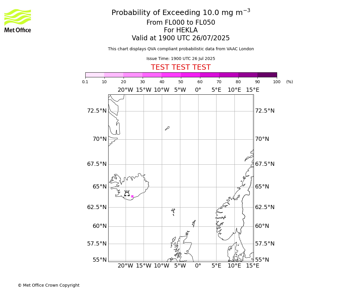Probability of exceeding 10.0 milligrams per metre cubed. From 000 to 050 for HEKLA. Valid at 1900 UTC 26/07/2025