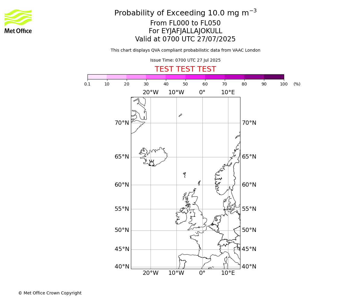 Probability of exceeding 10.0 milligrams per metre cubed. From 000 to 050 for EYJAFJALLAJOKULL. Valid at 0700 UTC 27/07/2025