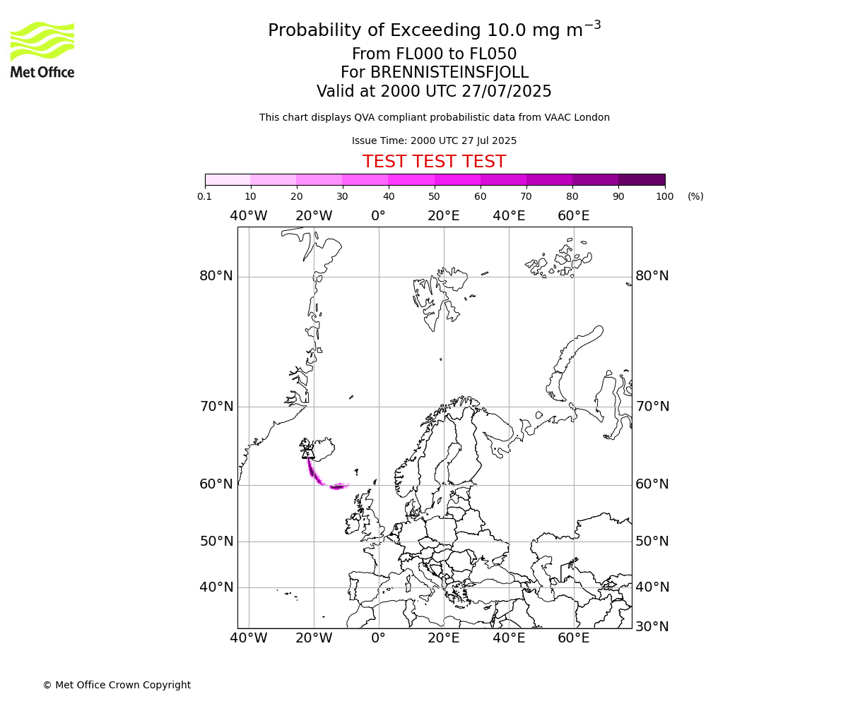 Probability of exceeding 10.0 milligrams per metre cubed. From 000 to 050 for BRENNISTEINSFJOLL. Valid at 2000 UTC 27/07/2025