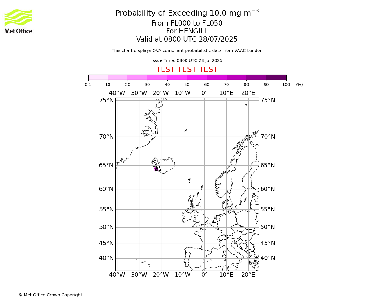 Probability of exceeding 10.0 milligrams per metre cubed. From 000 to 050 for HENGILL. Valid at 0800 UTC 28/07/2025