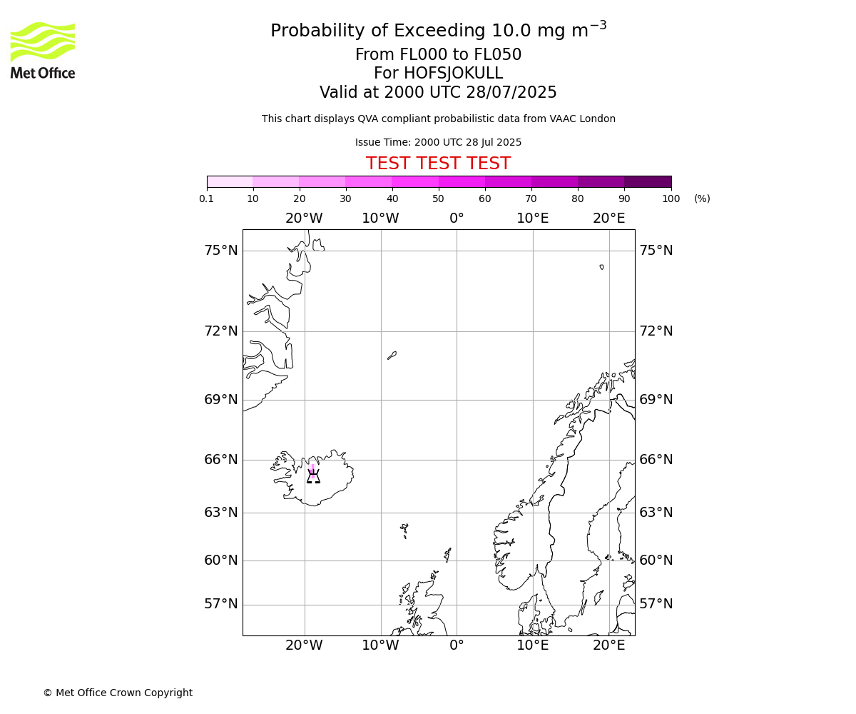 Probability of exceeding 10.0 milligrams per metre cubed. From 000 to 050 for HOFSJOKULL. Valid at 2000 UTC 28/07/2025