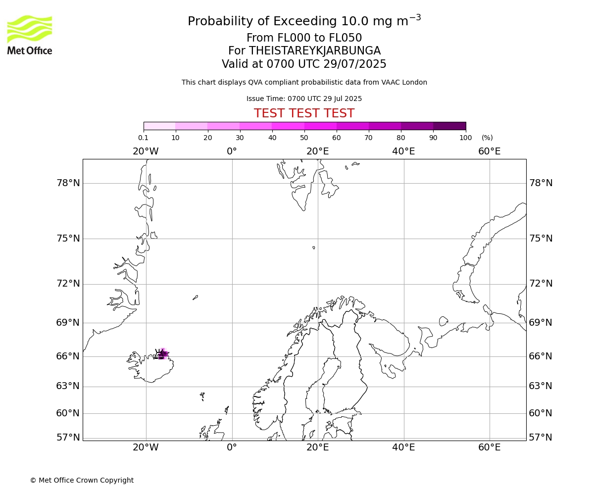 Probability of exceeding 10.0 milligrams per metre cubed. From 000 to 050 for THEISTAREYKJARBUNGA. Valid at 0700 UTC 29/07/2025