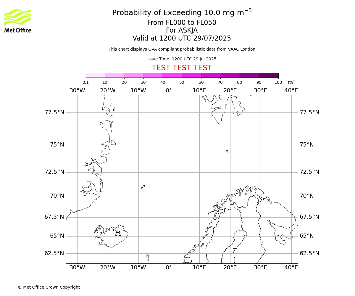 Probability of exceeding 10.0 milligrams per metre cubed. From 000 to 050 for ASKJA. Valid at 1200 UTC 29/07/2025