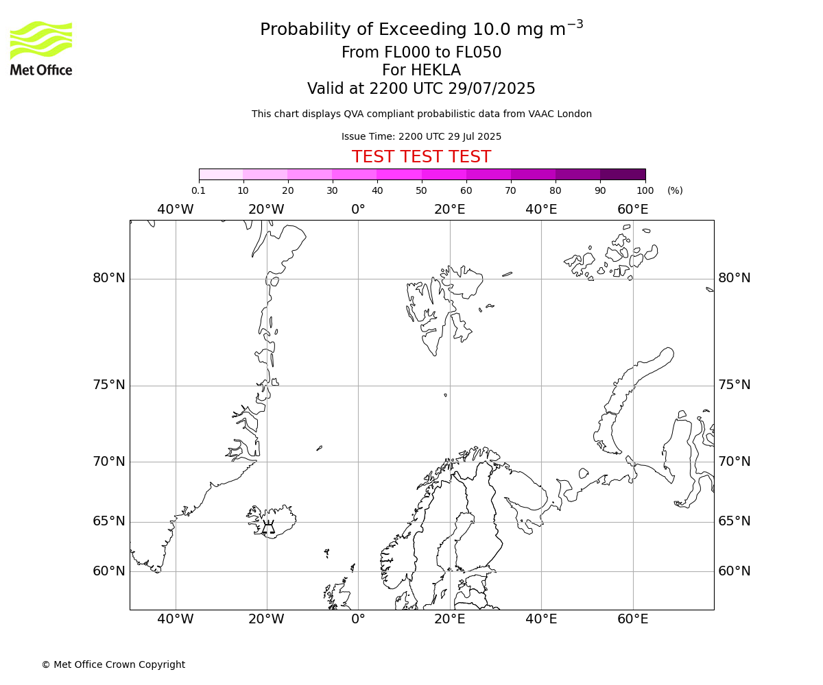 Probability of exceeding 10.0 milligrams per metre cubed. From 000 to 050 for HEKLA. Valid at 2200 UTC 29/07/2025