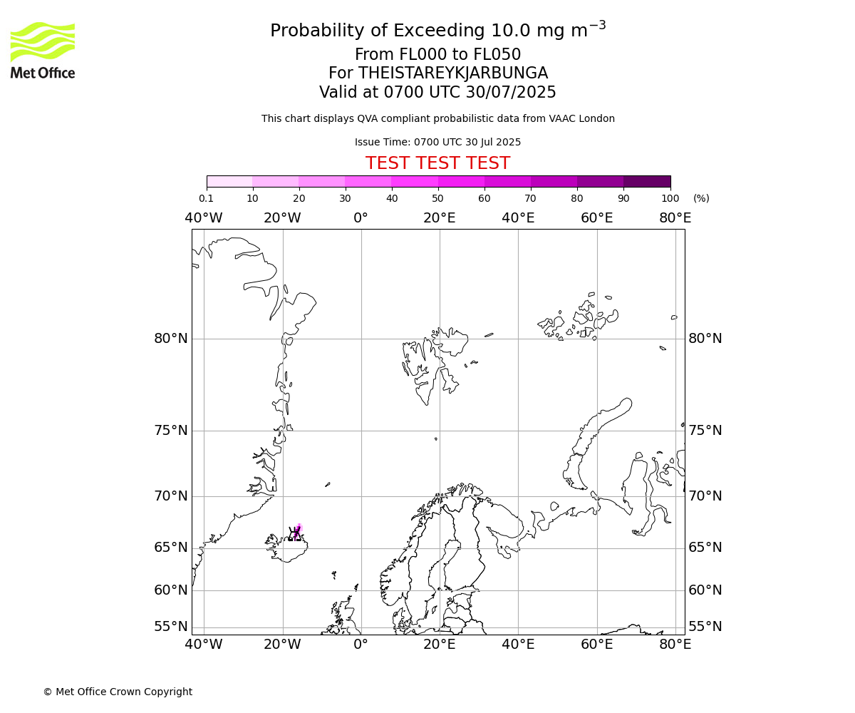 Probability of exceeding 10.0 milligrams per metre cubed. From 000 to 050 for THEISTAREYKJARBUNGA. Valid at 0700 UTC 30/07/2025