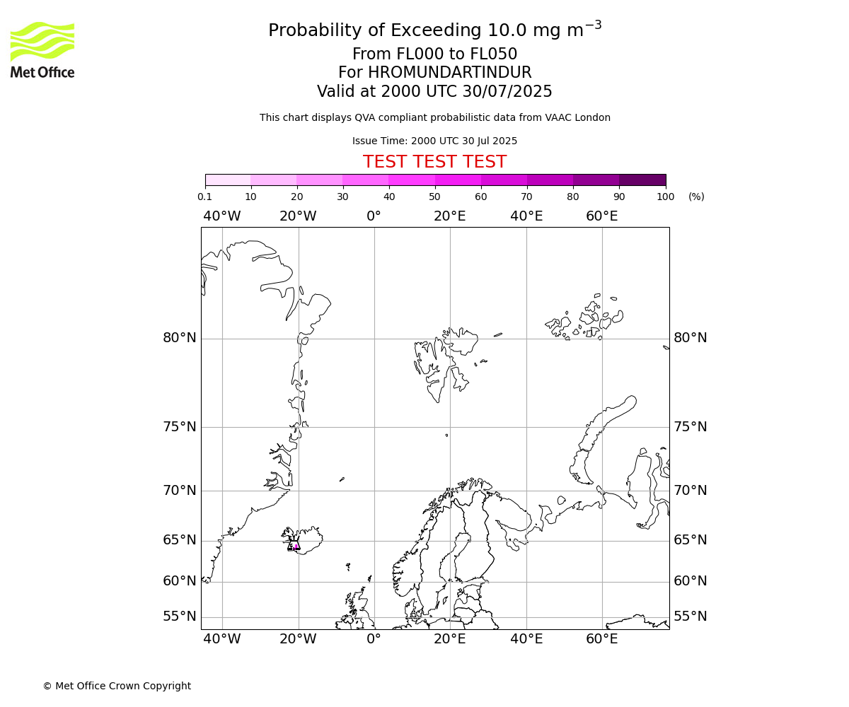 Probability of exceeding 10.0 milligrams per metre cubed. From 000 to 050 for HROMUNDARTINDUR. Valid at 2000 UTC 30/07/2025