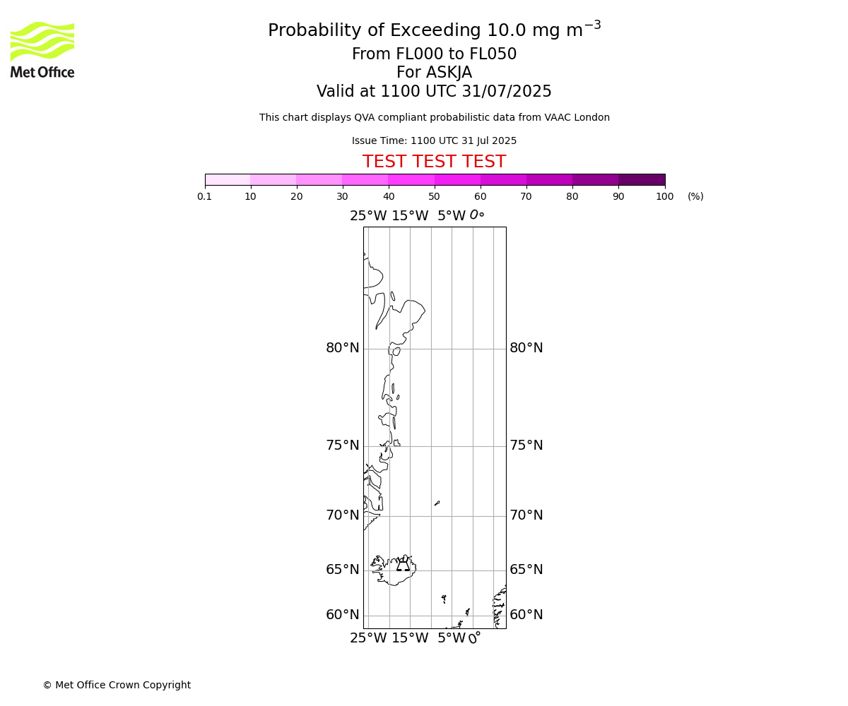 Probability of exceeding 10.0 milligrams per metre cubed. From 000 to 050 for ASKJA. Valid at 1100 UTC 31/07/2025