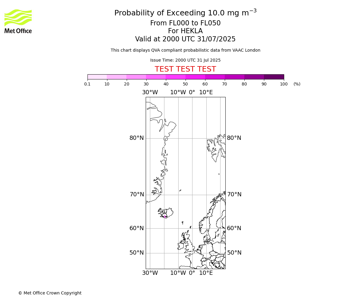 Probability of exceeding 10.0 milligrams per metre cubed. From 000 to 050 for HEKLA. Valid at 2000 UTC 31/07/2025