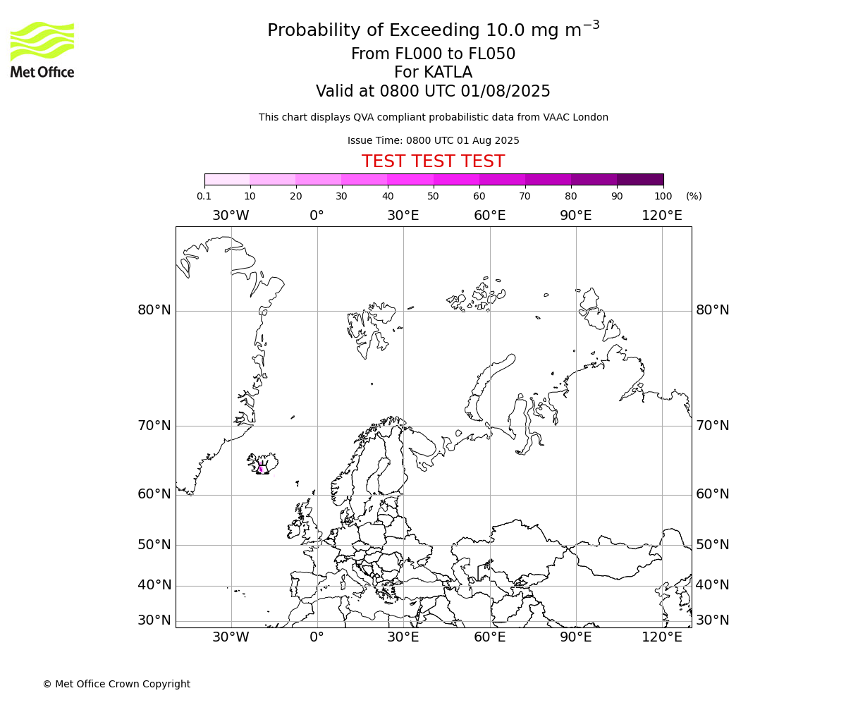 Probability of exceeding 10.0 milligrams per metre cubed. From 000 to 050 for KATLA. Valid at 0800 UTC 01/08/2025
