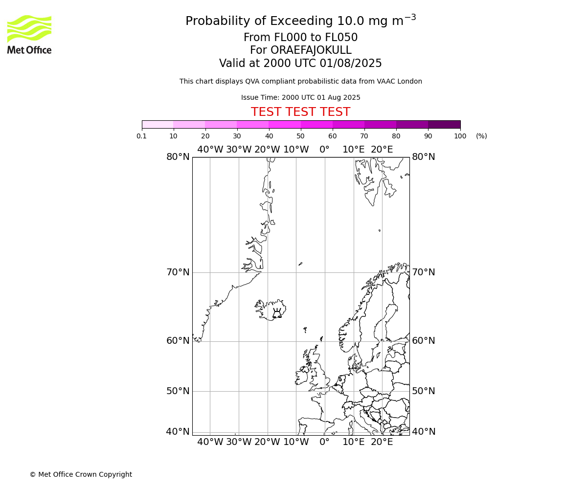 Probability of exceeding 10.0 milligrams per metre cubed. From 000 to 050 for ORAEFAJOKULL. Valid at 2000 UTC 01/08/2025
