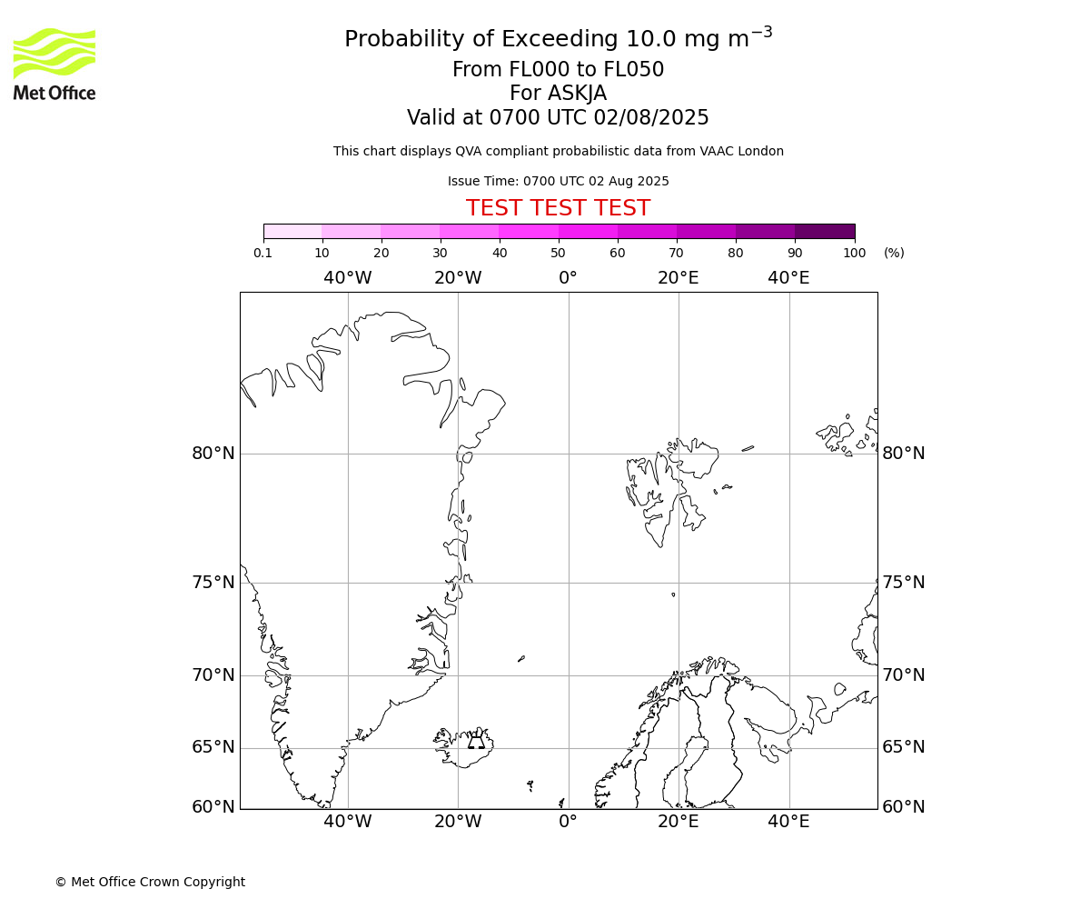 Probability of exceeding 10.0 milligrams per metre cubed. From 000 to 050 for ASKJA. Valid at 0700 UTC 02/08/2025