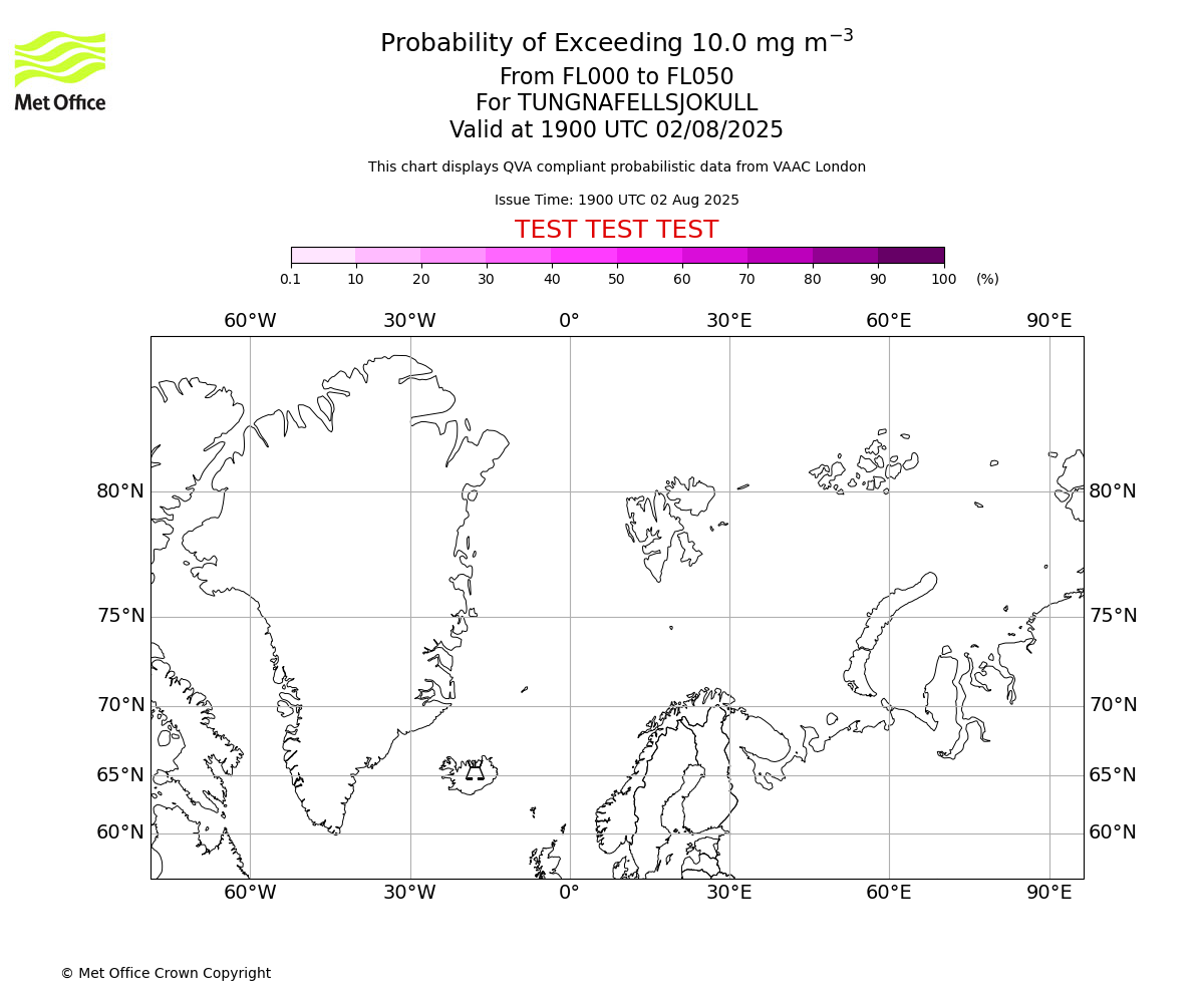 Probability of exceeding 10.0 milligrams per metre cubed. From 000 to 050 for TUNGNAFELLSJOKULL. Valid at 1900 UTC 02/08/2025