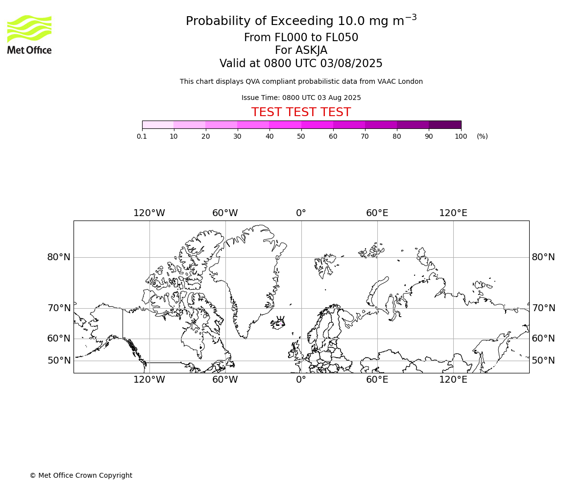 Probability of exceeding 10.0 milligrams per metre cubed. From 000 to 050 for ASKJA. Valid at 0800 UTC 03/08/2025