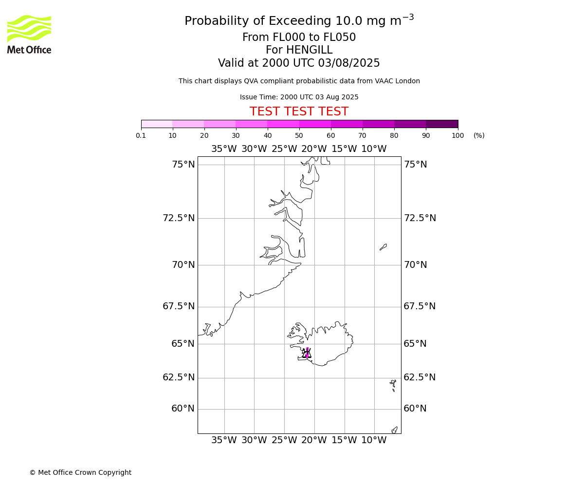 Probability of exceeding 10.0 milligrams per metre cubed. From 000 to 050 for HENGILL. Valid at 2000 UTC 03/08/2025