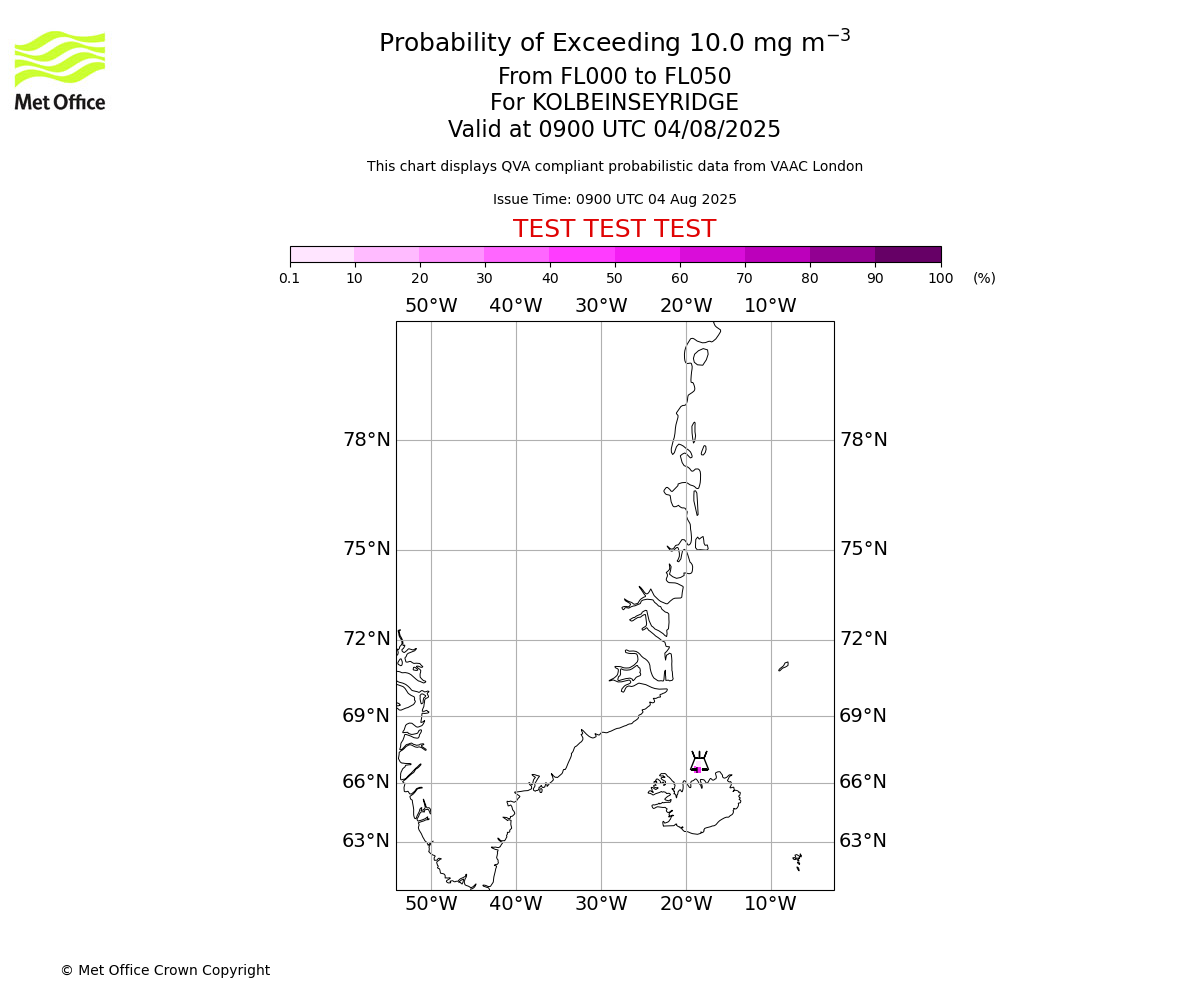 Probability of exceeding 10.0 milligrams per metre cubed. From 000 to 050 for KOLBEINSEYRIDGE. Valid at 0900 UTC 04/08/2025