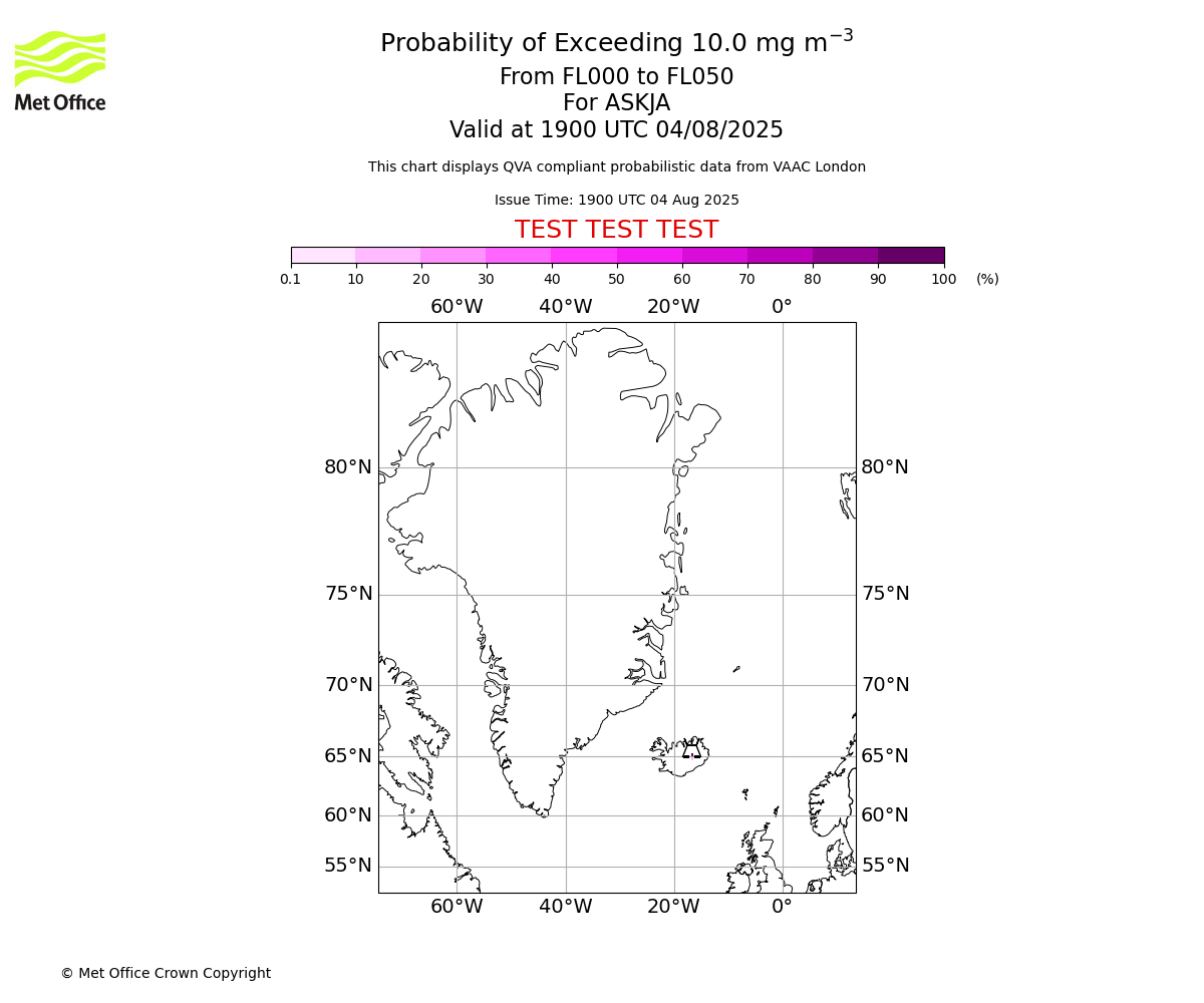 Probability of exceeding 10.0 milligrams per metre cubed. From 000 to 050 for ASKJA. Valid at 1900 UTC 04/08/2025