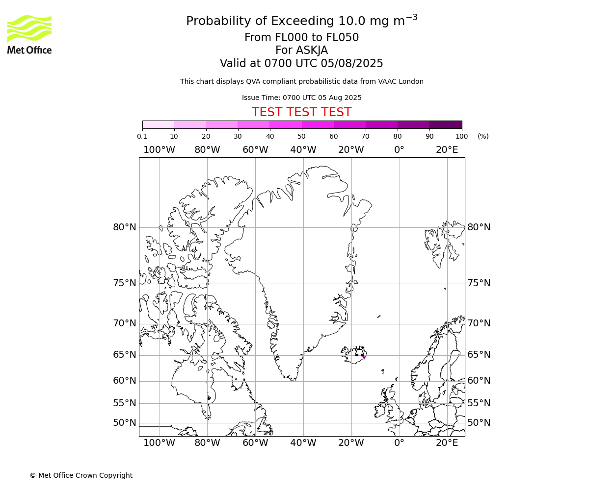 Probability of exceeding 10.0 milligrams per metre cubed. From 000 to 050 for ASKJA. Valid at 0700 UTC 05/08/2025