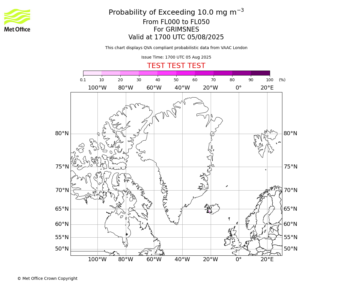 Probability of exceeding 10.0 milligrams per metre cubed. From 000 to 050 for GRIMSNES. Valid at 1700 UTC 05/08/2025