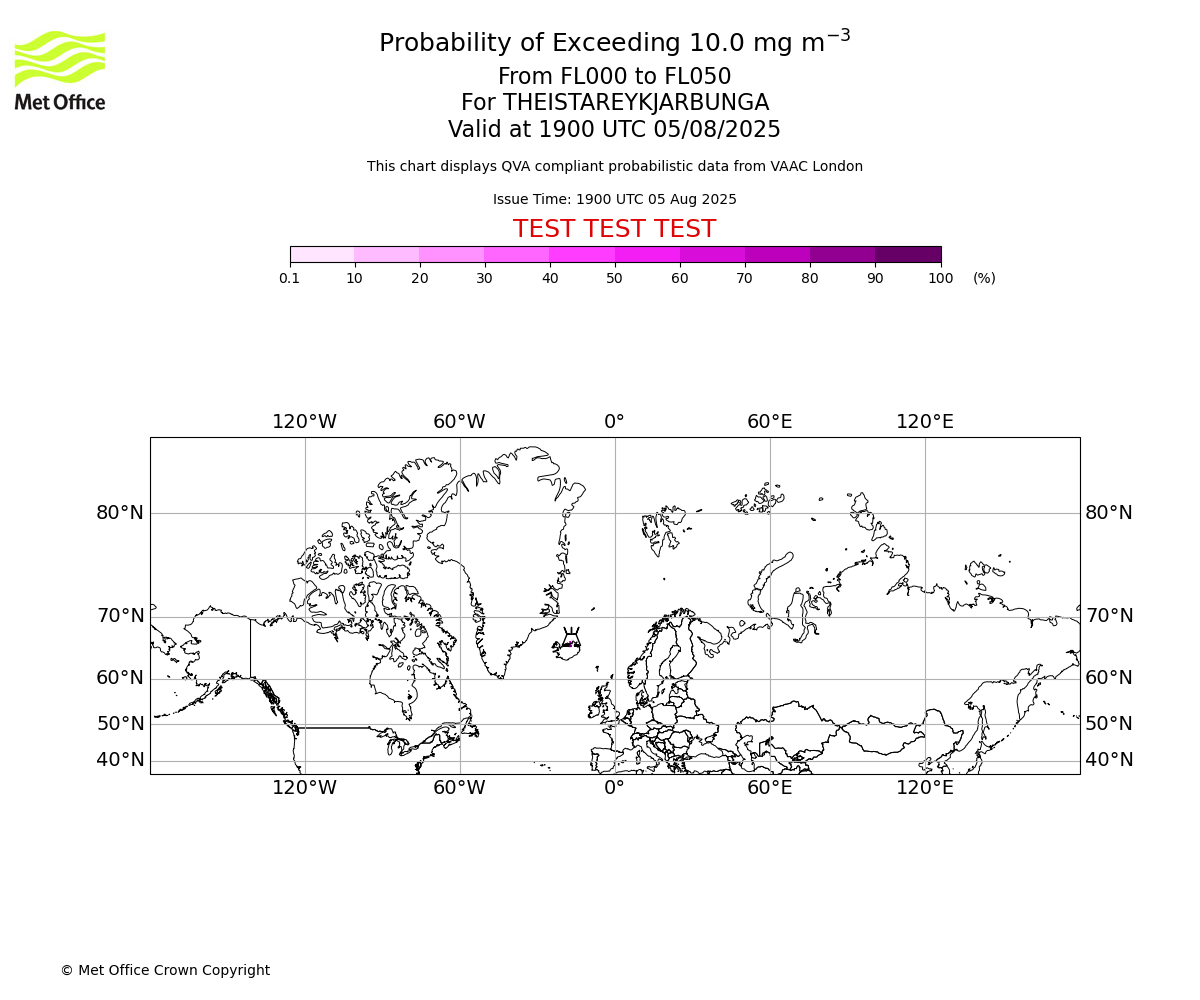 Probability of exceeding 10.0 milligrams per metre cubed. From 000 to 050 for THEISTAREYKJARBUNGA. Valid at 1900 UTC 05/08/2025