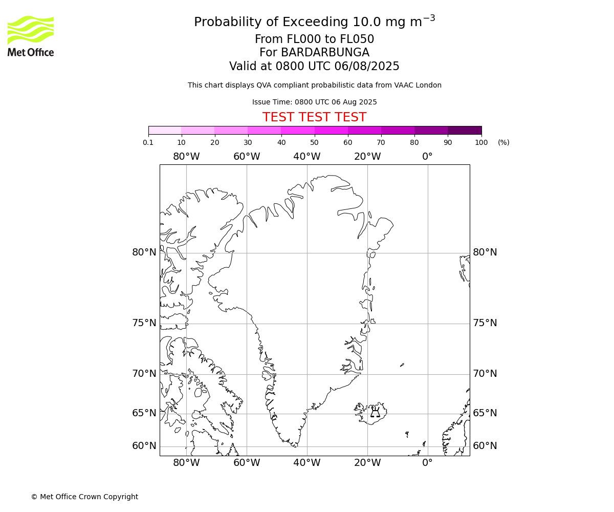 Probability of exceeding 10.0 milligrams per metre cubed. From 000 to 050 for BARDARBUNGA. Valid at 0800 UTC 06/08/2025