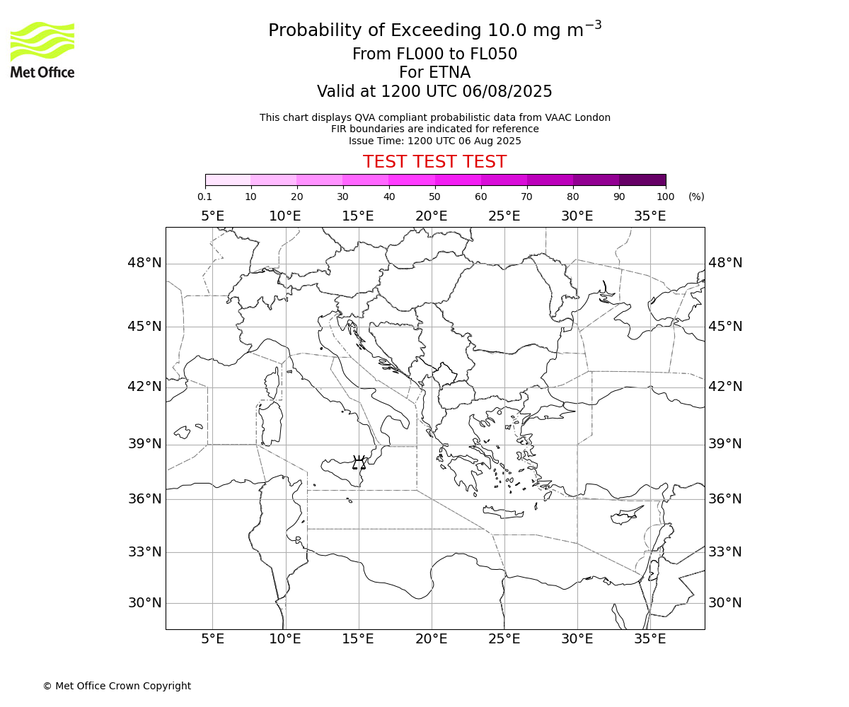 Probability of exceeding 10.0 milligrams per metre cubed. From 000 to 050 for ETNA. Valid at 1200 UTC 06/08/2025