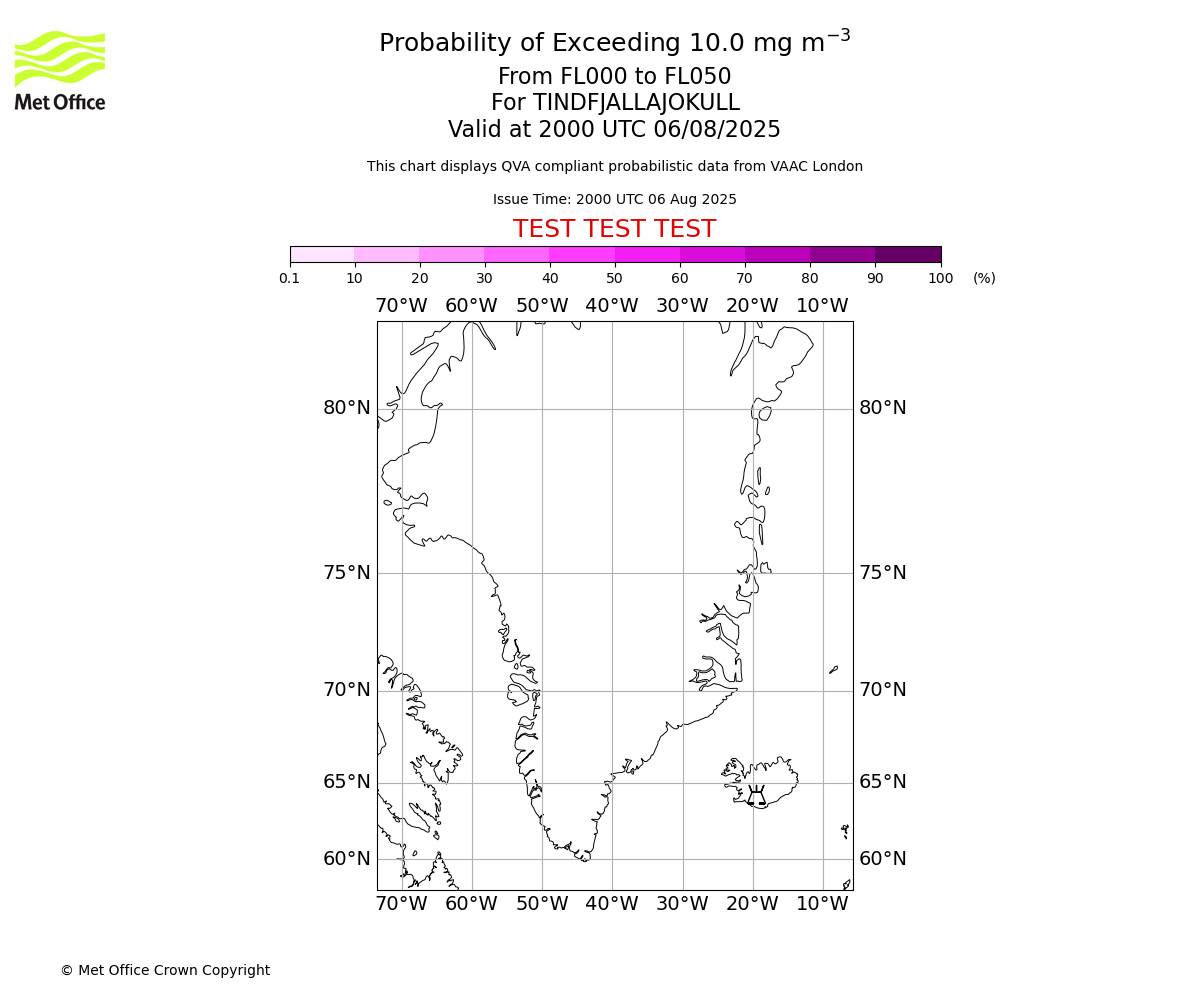 Probability of exceeding 10.0 milligrams per metre cubed. From 000 to 050 for TINDFJALLAJOKULL. Valid at 2000 UTC 06/08/2025