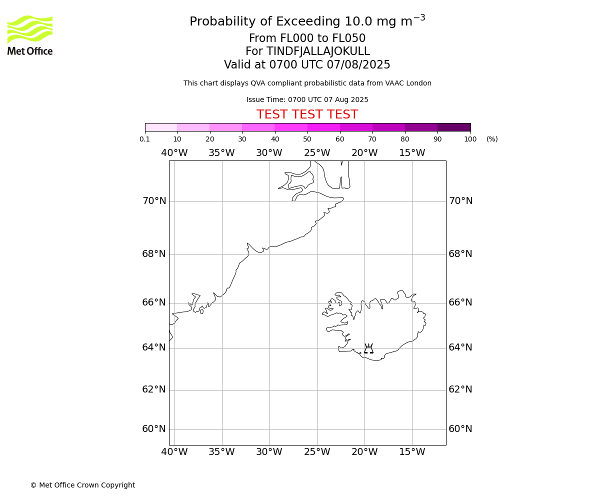 Probability of exceeding 10.0 milligrams per metre cubed. From 000 to 050 for TINDFJALLAJOKULL. Valid at 0700 UTC 07/08/2025