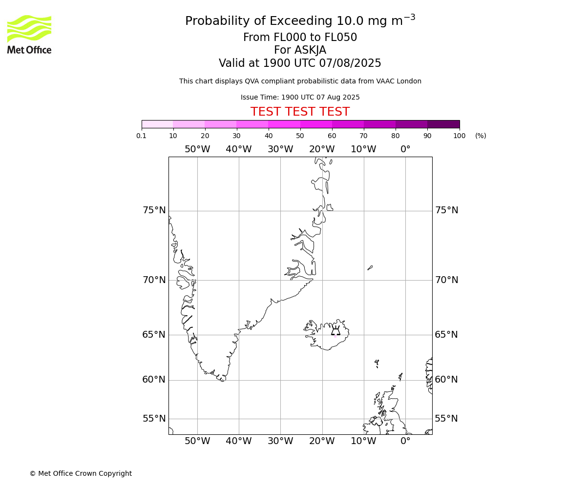 Probability of exceeding 10.0 milligrams per metre cubed. From 000 to 050 for ASKJA. Valid at 1900 UTC 07/08/2025