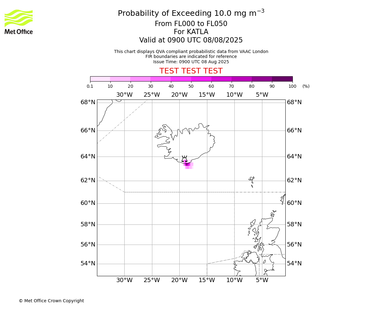 Probability of exceeding 10.0 milligrams per metre cubed. From 000 to 050 for KATLA. Valid at 0900 UTC 08/08/2025