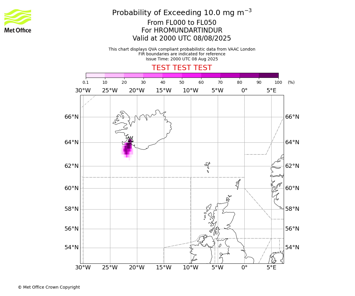 Probability of exceeding 10.0 milligrams per metre cubed. From 000 to 050 for HROMUNDARTINDUR. Valid at 2000 UTC 08/08/2025